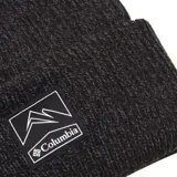 Gorro de lana negro con dobladillo enrollado y logo de Columbia en el frente.