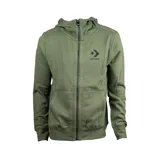 Campera Converse de hombre, color verde militar, con capucha y cierre frontal. Presenta logo Converse bordado en el pecho y bolsillos laterales. Corte clásico.