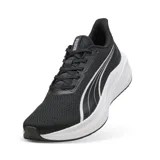 Championes Puma modelo Dasher Lite, color negro con entresuela blanca y detalles plateados. Cuenta con capellada de malla transpirable y tecnologías PUMALITE, SOFTFOAM+ e IMEVA para mayor amortiguación y confort.