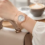 Reloj analógico de mujer con caja redonda y malla de eslabones metálicos en tono oro rosa. Presenta una esfera minimalista con índices brillantes y movimiento de cuarzo japonés.