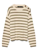 Sweater de punto con diseño de rayas horizontales en color crema y verde oliva. Presenta cuello redondo, mangas largas y detalle de botones decorativos en el hombro. Confeccionado en tejido suave con puños y ruedo acanalados.