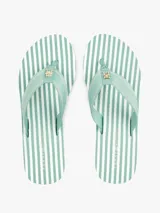 Ojotas de cuña con plataforma de 6,8 cm, color verde menta con rayas blancas horizontales en la plataforma. Las tiras son de tejido trenzado con el logo de Tommy Hilfiger repetido.