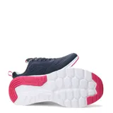 Championes deportivos Topper modelo Boro III, color azul marino con detalles en fucsia y blanco. Presentan un diseño de corte bajo con cordones, suela blanca con refuerzos en fucsia y logo de la marca en el lateral.