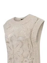 Remera sin mangas Kaimana de RKF, color beige, confeccionada en tejido de punto con diseño calado de patrones florales y cuello redondo.