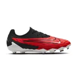 Championes de fútbol Nike Phantom GX Pro FG, con parte superior en negro y diseño con patrón ondulado en rojo y blanco. Logo de Nike en blanco en el lateral.