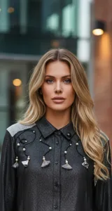 Camisa de manga larga en color gris oscuro con acabado brillante. Presenta un cuello clásico con apliques de pedrería, detalles bordados con líneas curvas y perlas decorativas en el frente, y paneles texturizados en los hombros.