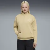 Buzo de cuello alto con cierre frontal parcial, color crema, con logo Puma bordado en el pecho y bolsillo tipo canguro frontal.
