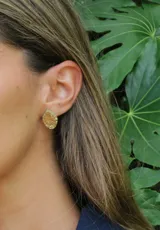 Aros tipo botón pequeños y de formato ovalado con diseño de escudo grabado, de inspiración criolla.