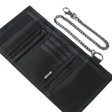 Billetera Rip Curl modelo Sessions Chain Surf, de diseño plegable con estampado camuflado en tonos de azul y negro, y parche de goma con el logo de la marca en el frente.