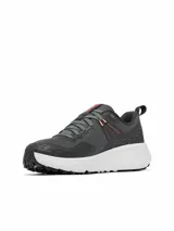 Championes de trekking Columbia Konos Trs Omni-Max para mujer, en color gris oscuro con entresuela blanca y detalles en coral. Diseñados con empeine de malla técnica y sistema Navic Fit para mayor soporte y comodidad en senderismo.