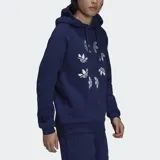 Canguro azul marino con capucha y cordón ajustable. Estampado frontal con múltiples logos Adidas Originals en blanco.