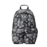 Mochila Rip Curl Weekend Travel de 21 litros, color negro con estampado floral en tonos grises, múltiples bolsillos frontales con cierre y asas superiores.