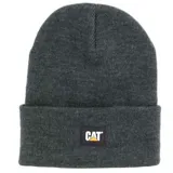 Gorro tipo beanie de tejido de punto acanalado en color gris oscuro, con borde doblado y etiqueta rectangular con el logo de la marca CAT en el frente.