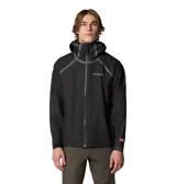 Campera impermeable Columbia modelo Reign No Shine Jkt Outdry, de color negro con capucha ajustable y cierre frontal con cremallera. Presenta un acabado mate, costuras selladas visibles en contraste gris y tecnología OutDry Extreme para mayor protección contra la lluvia.