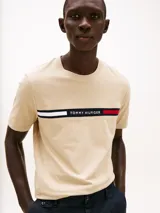 Remera de corte regular confeccionada en puro algodón, con cuello redondo y panel horizontal bordado en el pecho que incluye el logo y los colores distintivos de la marca.