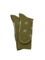 Medias de caña media color verde militar con estampado de monograma gris, confeccionadas con puño suave y elástico.