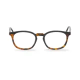 Anteojos de acetato con marco redondo, parte superior negra y parte inferior con estampado carey.