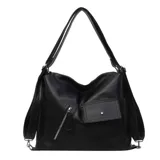 Cartera tipo hobo de cuero sintético color marrón, con diseño estructurado, bolsillo frontal con solapa y broche a presión, además de un compartimento diagonal con cierre metálico. Cuenta con asa para llevar al hombro.
