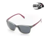 Lentes de sol rectangulares con marco gris y patillas color vino.