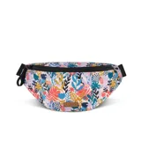 Riñonera reversible Cabaia, con un lado liso plateado iridiscente y un lado estampado. Tiene un compartimento principal con cierre y un bolsillo lateral pequeño. Se puede usar en la cintura o al hombro.