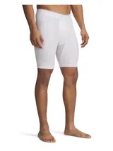 Calza deportiva corta Under Armour HG Elite Long Shorts color blanco, de tiro medio con cintura elástica visible. Confeccionada en tejido HeatGear ultrasuave con inserciones de malla en la entrepierna para mayor ventilación.