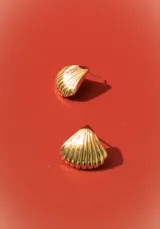 Aretes tipo stud dorados con forma de concha marina estriada.