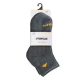 Pack de tres pares de calcetines tobilleros grises con logo de Caterpillar en amarillo.