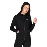 Campera Nike Sportswear Essential de mujer, con cierre frontal completo, capucha con cordón ajustable y bolsillos tipo canguro. Presenta el logo de la marca bordado en el pecho y puños acanalados.