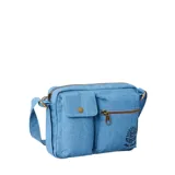 Bolso bandolera Rip Curl Cruisin Utility de tela denim celeste con correa larga regulable. Tiene un bolsillo frontal con botón a presión, un bolsillo frontal con cierre y logo de la marca bordado.