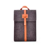Mochila de fieltro gris con solapa frontal y tira vertical de cuero sintético marrón con cierre de presilla. Cuenta con correa corta de mano.