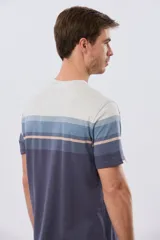 Remera de manga corta con diseño de franjas horizontales en tonos de gris, azul y beige, con escote redondo y pequeño bordado en el pecho.