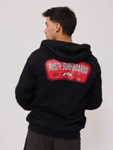 Canguro negro con capucha y cierre, con estampado en la espalda con el logo de Rusty Surfboards en rojo y blanco.