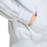 Canguro gris claro Adidas Essentials 3 con capucha ajustable con cordón, bolsillo tipo canguro y las clásicas tres tiras en las mangas.