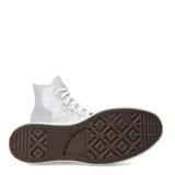 Championes Converse Ctas Lift Hi de lona con acabado metalizado plateado y plataforma elevada de goma blanca con líneas negras. Diseño de caña alta con cordones blancos y puntera de goma clásica.