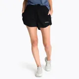 Short deportivo Merrell color negro, confeccionado en poliéster reciclado y spandex de secado rápido. Cuenta con cintura elástica con cordón ajustable, bolsillos laterales y calza interior de malla incorporada.