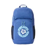 Mochila Rip Curl de 33 litros, color azul, con compartimento principal con cierre, bolsillo frontal con estampa circular de la marca y flor, y bolsillos laterales de red.