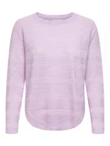 Sweater lila de punto con cuello redondo y mangas largas raglán.