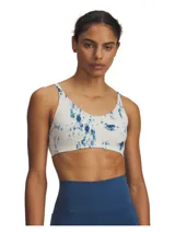 Top deportivo de sujeción baja con escote redondo, confeccionado en tejido de punto cepillado ultrasuave con estampado tie-dye en tonos azul y blanco. Cuenta con tirantes finos ajustables y doble forro para mayor cobertura.