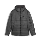 Campera acolchada con capucha, color gris oscuro, con cierre frontal completo y logo de la marca en el pecho.
