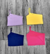 Top de microfibra con un solo bretel, disponible en varios colores: verde, rojo, rosa, marrón, lila, amarillo, azul y fucsia.