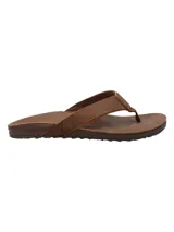 Sandalias de cuero marrón para hombre, estilo ojota, con tiras anchas combinadas en cuero y poliéster, plantilla acolchada y suela de EVA con diseño grabado de la marca RKF en el talón.