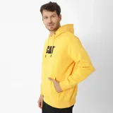 Canguro amarillo con capucha ajustable y bolsillo tipo canguro. Logo CAT estampado en negro en el pecho.