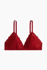 Soutien triangular de encaje rojo, con breteles finos regulables y sin aro.