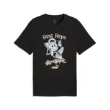 Remera negra de manga corta con cuello redondo. Presenta un estampado gráfico central con estilo retro que muestra una pesa rusa con cara sonriente sentada en una reposera, acompañada por el texto 'Rest Reps' y 'Sportstyle', junto al logo de la marca Puma.
