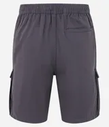 Bermuda gris de sarga ligera con cintura elástica ajustable con cordón y bolsillos cargo laterales.