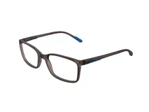 Armazón de lentes rectangular unisex, color gris translúcido con detalles en azul en el interior de las patillas y en los terminales.