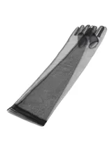 Guantes largos de tela de tule semitransparente en color negro, con diseño ajustado y abertura para el dedo pulgar.