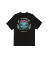 Remera de manga corta color crema, con cuello redondo y logo de la marca Obey bordado en pequeño en el pecho en color verde.