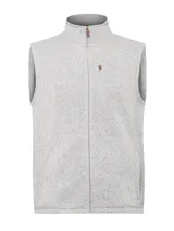 Chaleco gris melange modelo York de RKF, confeccionado con poliéster reciclado. Presenta exterior tipo tejido sweater jaspeado e interior de suave micropolar, con cuello alto, cierre frontal completo, bolsillos laterales y un bolsillo con cierre en el pecho.