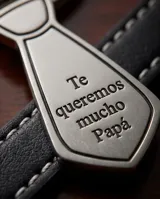 Llavero de acero con diseño en forma de corbata y grabado con la frase 'Te queremos mucho Papá'. Incluye una correa de cuero sintético y una argolla metálica circular.